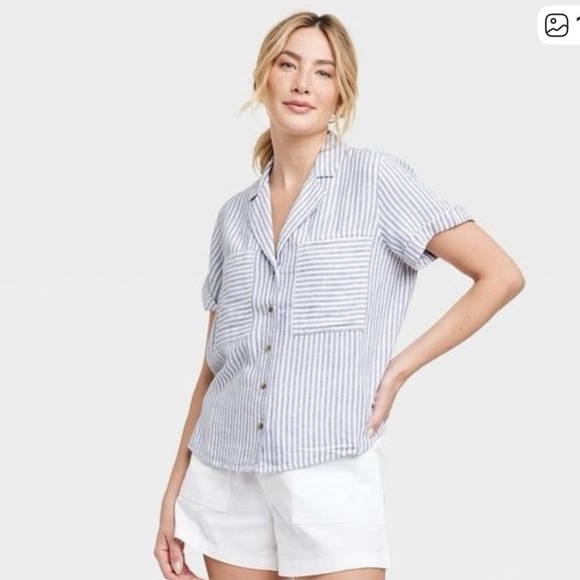 Women's Linen Short Sleeve Button-Down Shirt Universal Thread Blue Stripe Size S - Picture 1 of 7